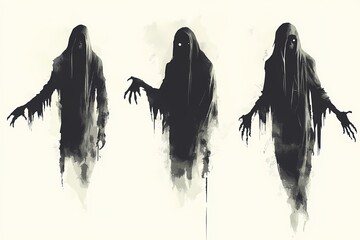 Three dark figures against pale backdrop