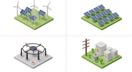 Isometric Energy Sources Collage Wind Solar Geothermal Power Grid Designs