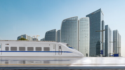 High-speed Train Moving Through Modern City