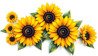 Naklejka premium A group of vibrant yellow sunflowers with green leaves arranged against a white background. 