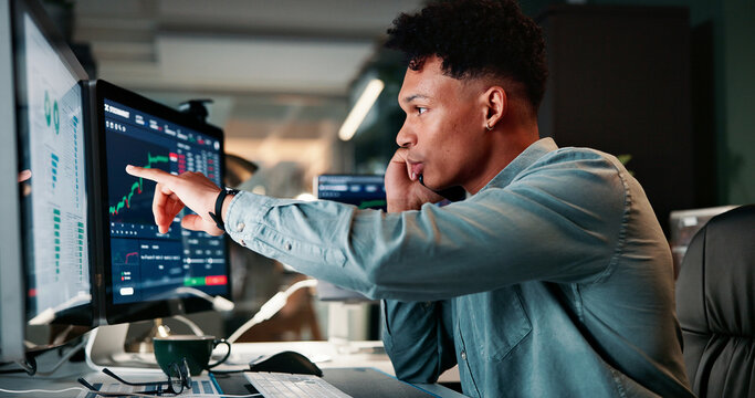 Phone call, computer screen and man in office with trading at night for client investment account. Technology, communication and male financial analyst with stock market risk analysis in workplace.