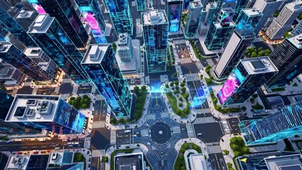 Aerial view of a futuristic cityscape with interconnected buildings and digital holographic displays showcasing data exchange and technological advancements - Powered by Adobe