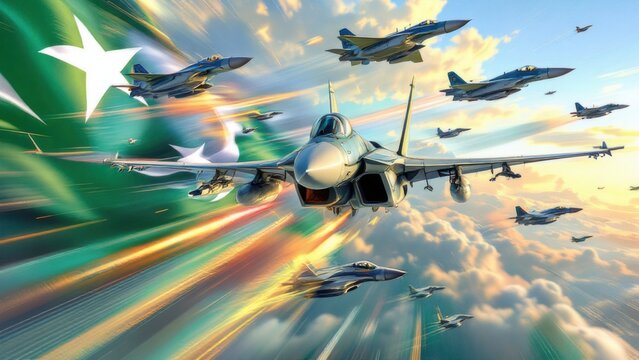 Pakistan air forces strike concept. Air planes attack on Pakistan flag background. 3d Illustration
