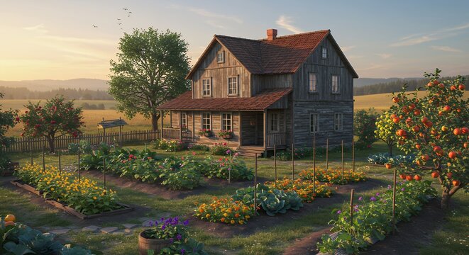 House with Garden Plants, Vegetables, Fruit Trees and Fence