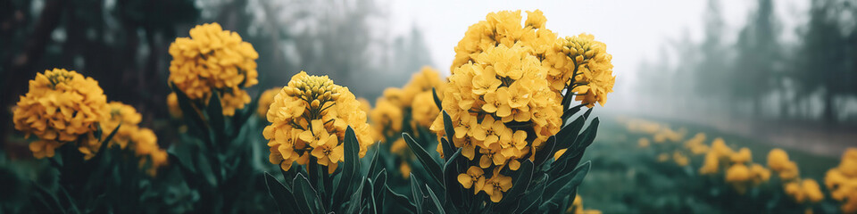Yellow Flowers in a Misty Morning Wildflower Field: Botanical Tranquility and Vibrant Macro Details in the Countryside 