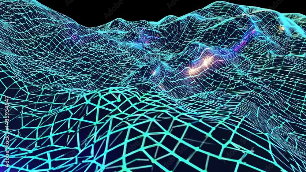 Aufkleber turquoise polygonal mesh is waving and creating a digital landscape, representing concepts such as a