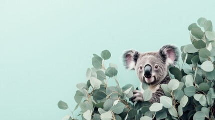 Cute koala peeking from eucalyptus leaves