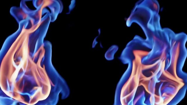 Two flames with blue borders and orange centers are burning brightly against a completely black backdrop, creating a vibrant contrast and showcasing the dynamic movement of fire