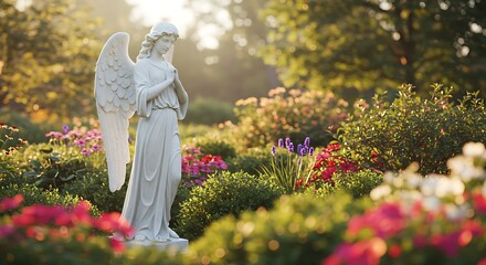 Serene Angel Statue in a Vibrant Garden A Peaceful and Tranquil Scene