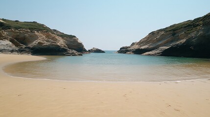 A secluded cove with calm, turquoise water and a sandy beach, framed by rocky cliffs under a clear blue sky