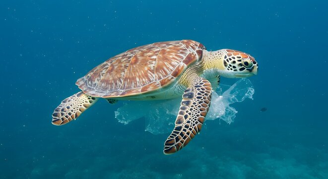Sea turtle tangled in plastic underwater. Captured with GoPro Hero 11, macro setting, high clarity, center focus, no filter, ambient blue lighting from ocean depth.