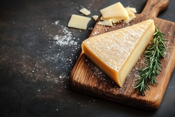 Triangular wedge of aged cheese on a wooden cutting board with rosemary sprigs and cheese shavings on a dark rustic surface