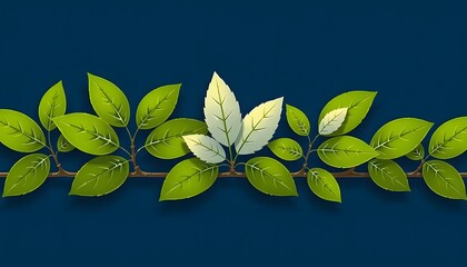 Green leaves on branches against a dark  blue background, with some lighter  toned leaves in the center. 