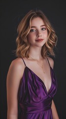 A blonde-haired woman with blue eyes and freckles wears a purple dress with a deep V-neckline, smiling directly at the camera.