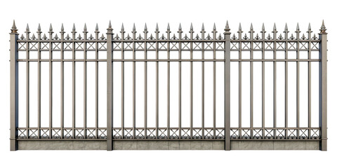 Decorative metal fence with pointed spikes and ornate detailing. Isolated on transparent background.