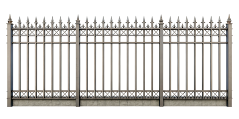 Decorative metal fence with pointed spikes and ornate detailing. Isolated on transparent background.