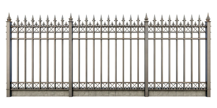 Decorative metal fence with pointed spikes and ornate detailing. Isolated on transparent background.