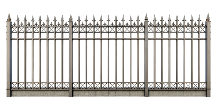 Decorative metal fence with pointed spikes and ornate detailing. Isolated on transparent background.