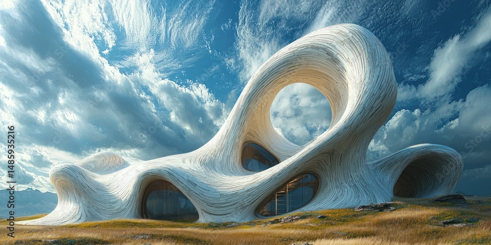 Fototapete futuristic, white, organic structure nestled in a grassy landscape under a vibrant sky. large, flowi