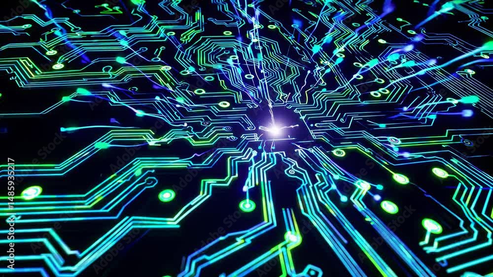Aufkleber glowing data streams emanate from the center of a printed circuit board, forming a captivating visua