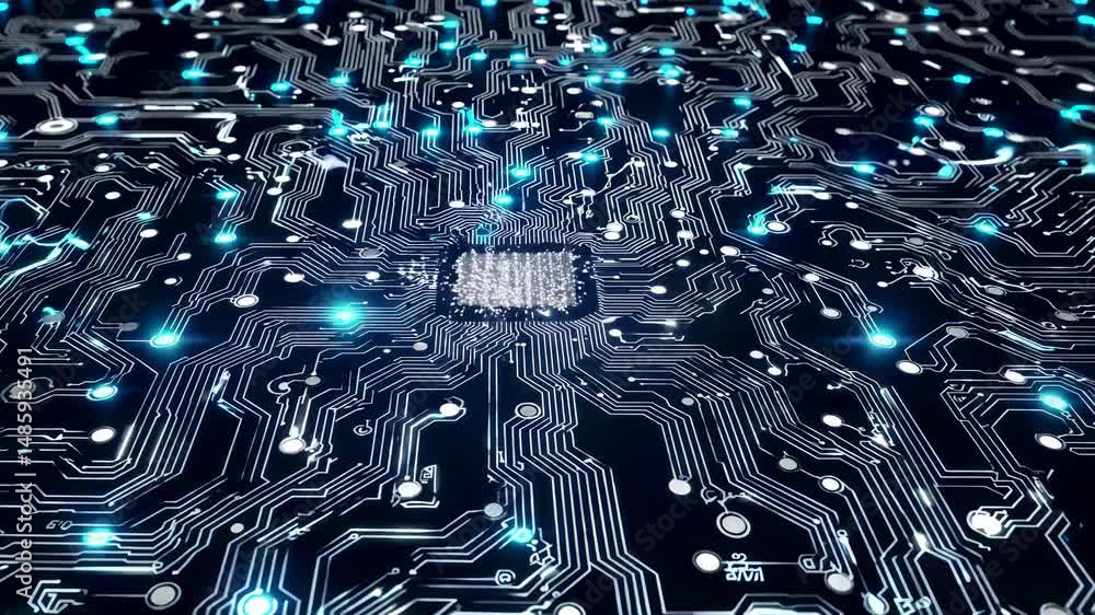 Poster complex electrical discharges illuminating a futuristic circuit board with a cpu processing data, cr