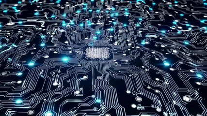 Complex electrical discharges illuminating a futuristic circuit board with a cpu processing data, creating a visually striking representation of advanced computing - Powered by Adobe