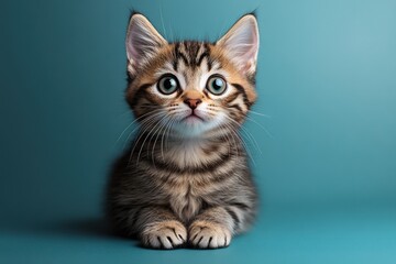 Fototapeta premium Kitten with big eyes sitting on simple background