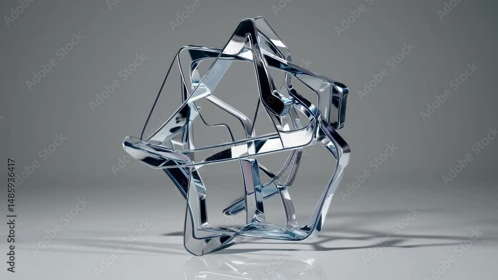 Poster chrome geometric structure balancing gracefully on a reflective surface, crafting an abstract and mo