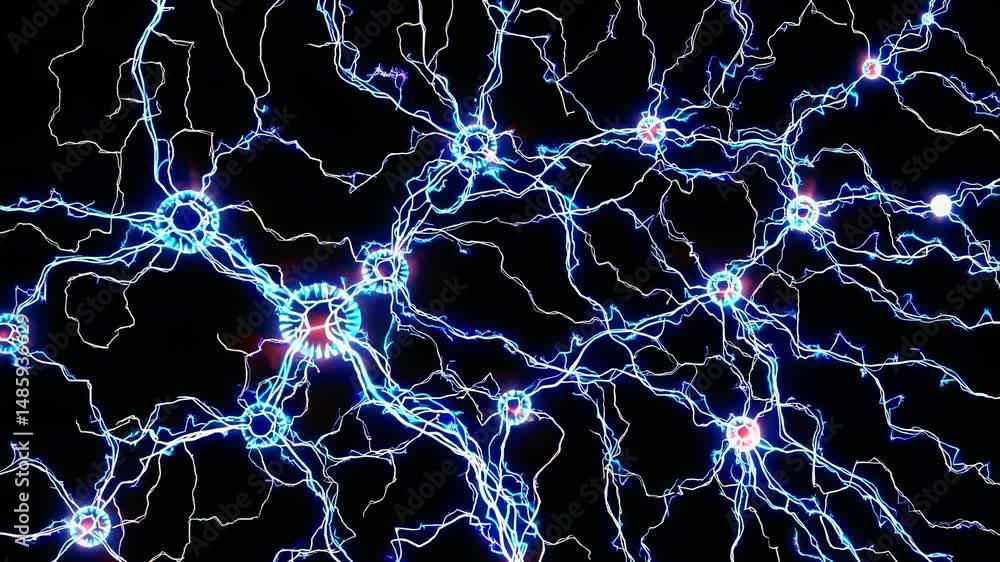 Poster active neurons firing and generating a dynamic network of electrical signals, illustrating intricate