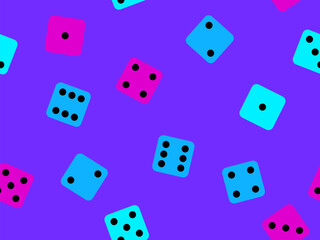 Seamless pattern of dice. Multicolored dice, top view. Casino dice game. Design for apps, banners, booklets, covers. Vector illustration