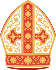 Catholic Papal Mitre Vector with Ornate Gold Cross and Floral Embroidery – Traditional Bishop Hat Clipart for Religious Use