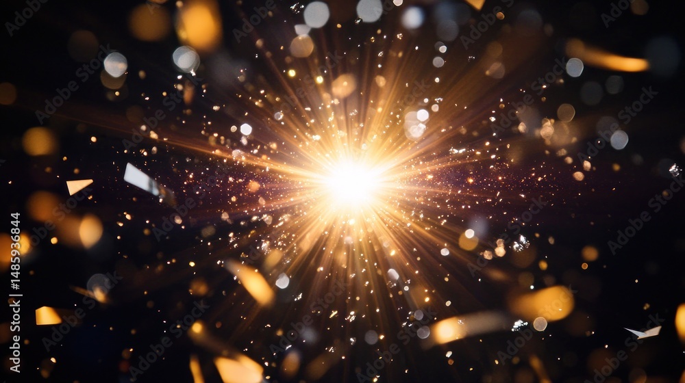 Poster radiant explosion of light with bokeh elements and golden particles