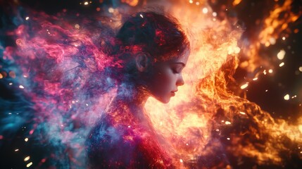 A captivating surreal portrait of a woman engulfed in cosmic energies