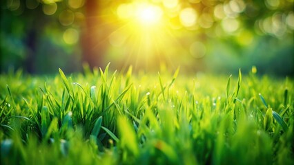 A lush green lawn with a blurred effect in sunlight, showcasing vibrant foliage and soft textures , nature
