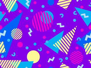 Geometric seamless pattern with memphis elements in 80s style. Colorful pattern with different geometric shapes. Design for packaging, covers, wrapping and promotional products. Vector illustration