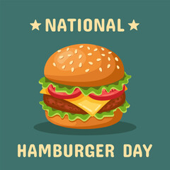 Bright cartoon-style cheeseburger with lettuce, tomato, cheese, and sesame bun on a dark background. Includes 