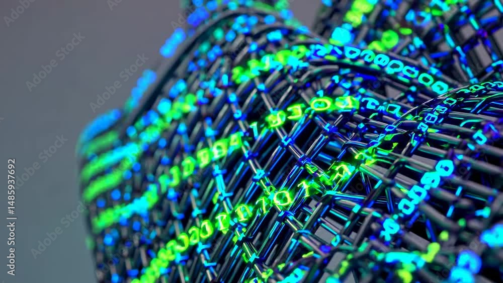 Poster glowing blue and green numbers flow through a complex grid structure, representing the flow of data 