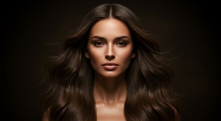 Fototapeta premium Elegant portrait of woman with long flowing hair on dark background for beauty and fashion design