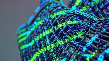 Glowing blue and green numbers flow through a complex grid structure, representing the flow of data in cyberspace, blockchain technology, or a futuristic digital network - Powered by Adobe