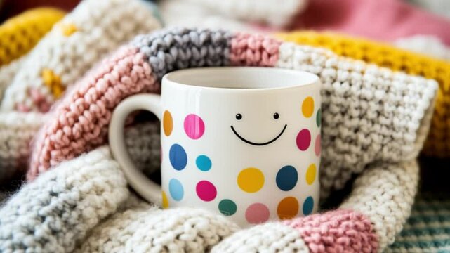 A cute white mug with colorful polka dots and a smiling face sits on a soft and cozy blanket that features bright colors. The background features a series of knitted patterns in various textures