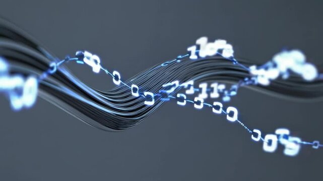 Multiple lines flowing and swirling, representing digital data streams with binary code, creating an abstract visualization of information transfer