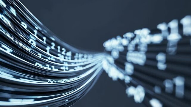 Fiber optic cables transmit binary code in a futuristic data stream, representing the fast-paced world of digital information and technology - Powered by Adobe