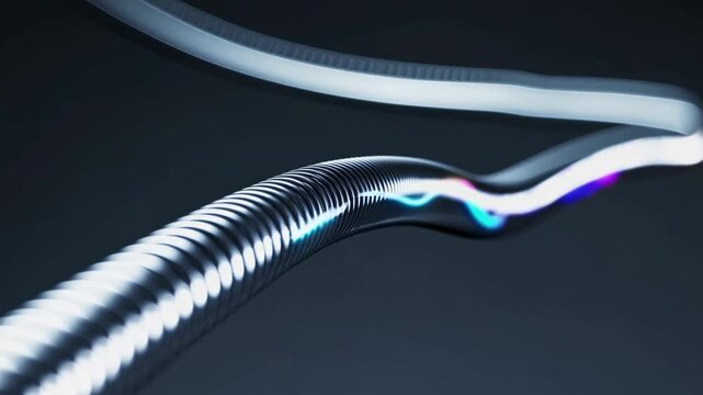 Electrical current flowing through metallic cable creating energy waves in dark environment, concept of energy, electricity, power, and technology