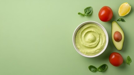 Creamy guacamole dip with avocado and fresh ingredients mexican food kitchen aesthetic culinary concept