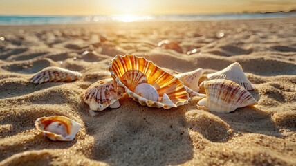 Obraz premium Seashells on Sandy Beach at Sunset: Idyllic Summer Vacation Scene