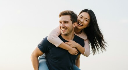 Joyful piggyback ride with smiling couple enjoying outdoor fun