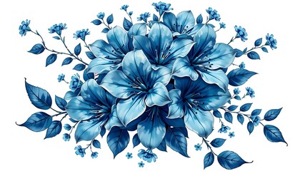 A vibrant cluster of blue  hued flowers with accompanying leaves on a white background. 