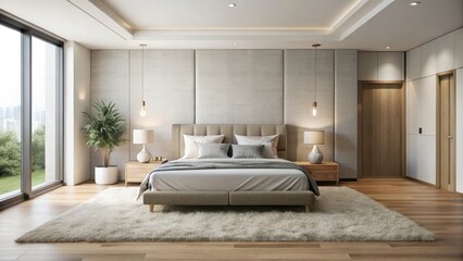 Minimalist modern bedroom with soft natural light and a plush area rug, surrounded by clean lines and monochromatic colors, modern bedroom, clean lines