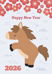 2026 Chinese Lunar New Year cute cartoon horse rearing, plum blossoms, abstract elements, typography. Flat vector illustration. Zodiac sign, animal character. CNY, Seollal, Tet holiday elements
