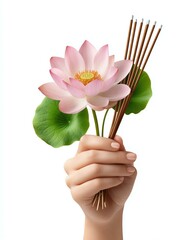 Thai spiritual gestures. Hand holding lotus flower and incense sticks.